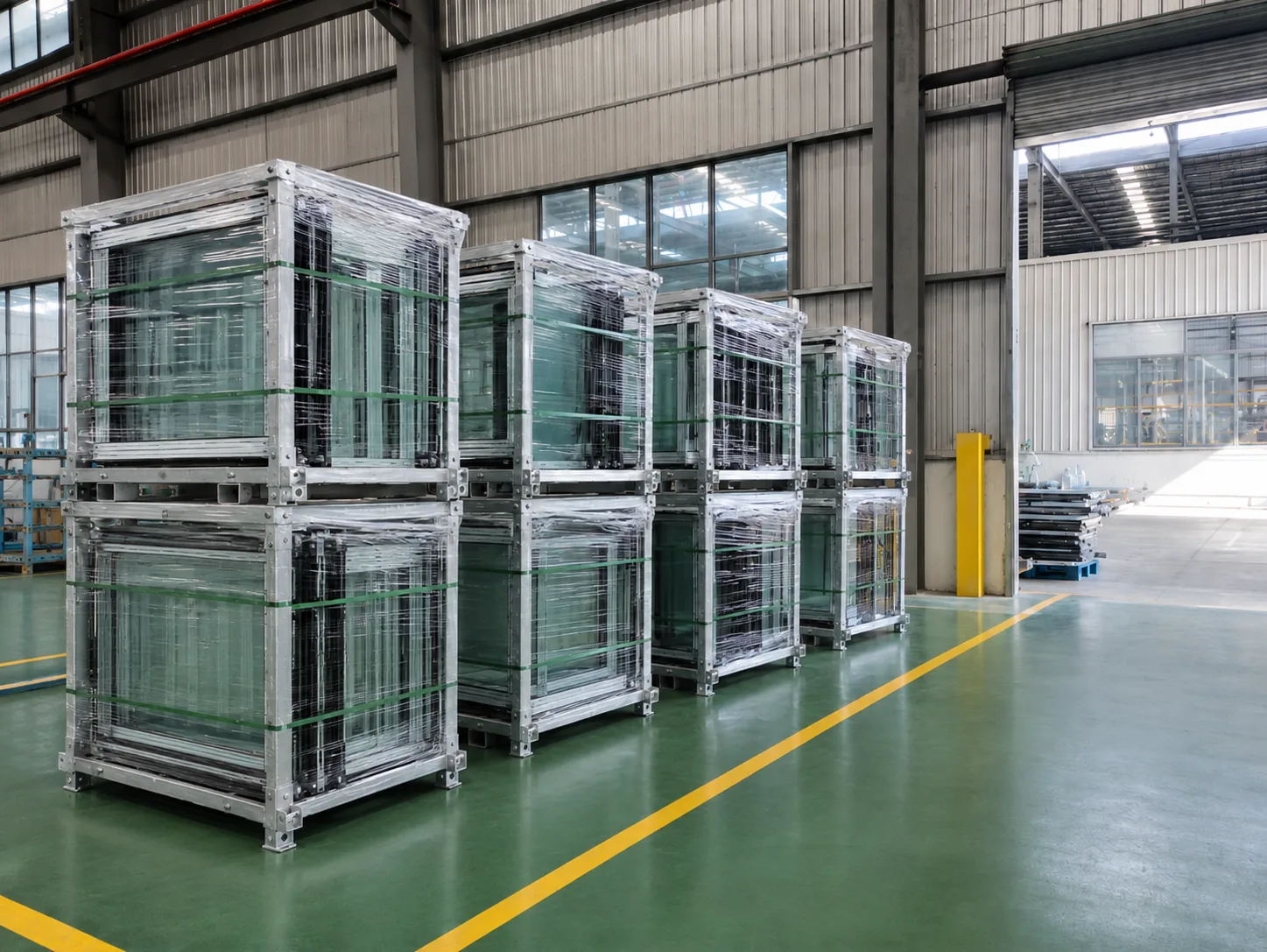 Packed finished facade units in storage
